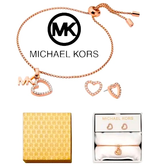 Michael Kors Rose Gold Crystal Heart Stud Earring & Logo Charm Bracelet Box Set. - Picture 1 of 16